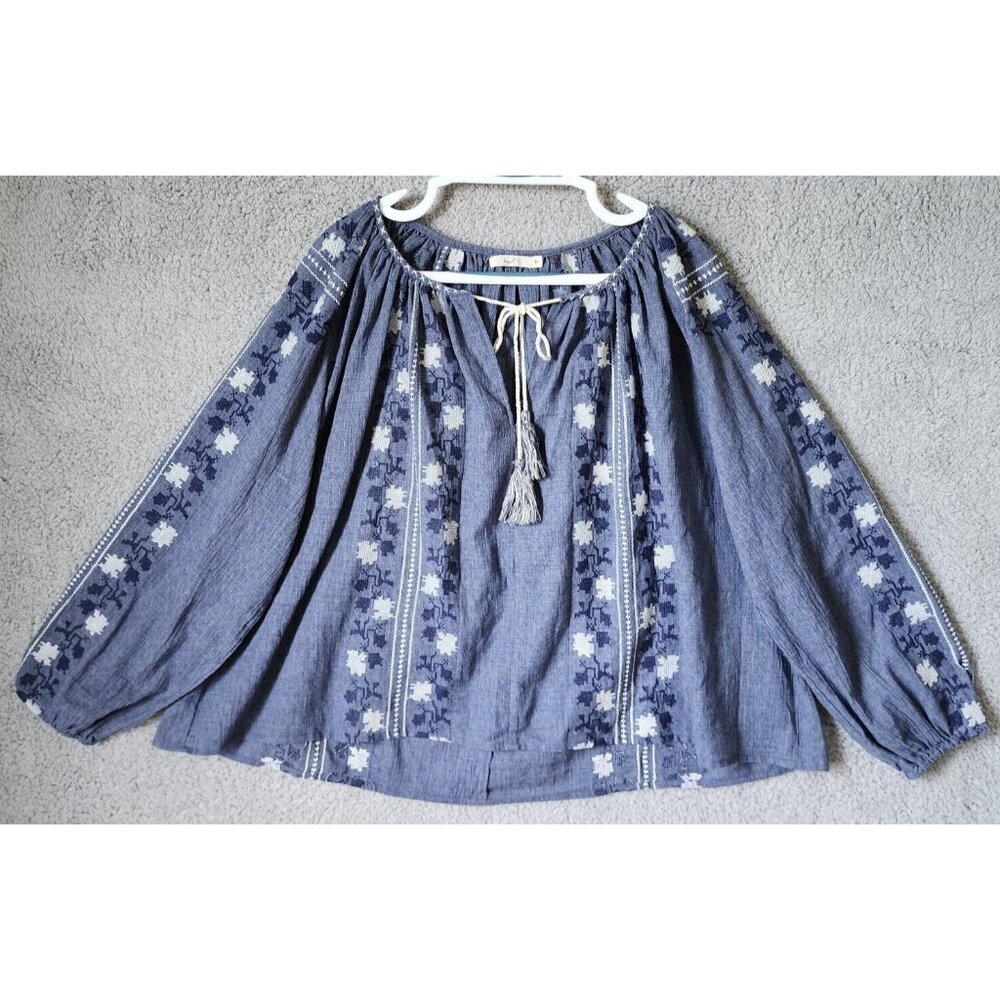 Hazel Women's Long Balloon Sleeve Tie V Neck Oversized Top Embroidered Blue Sz M